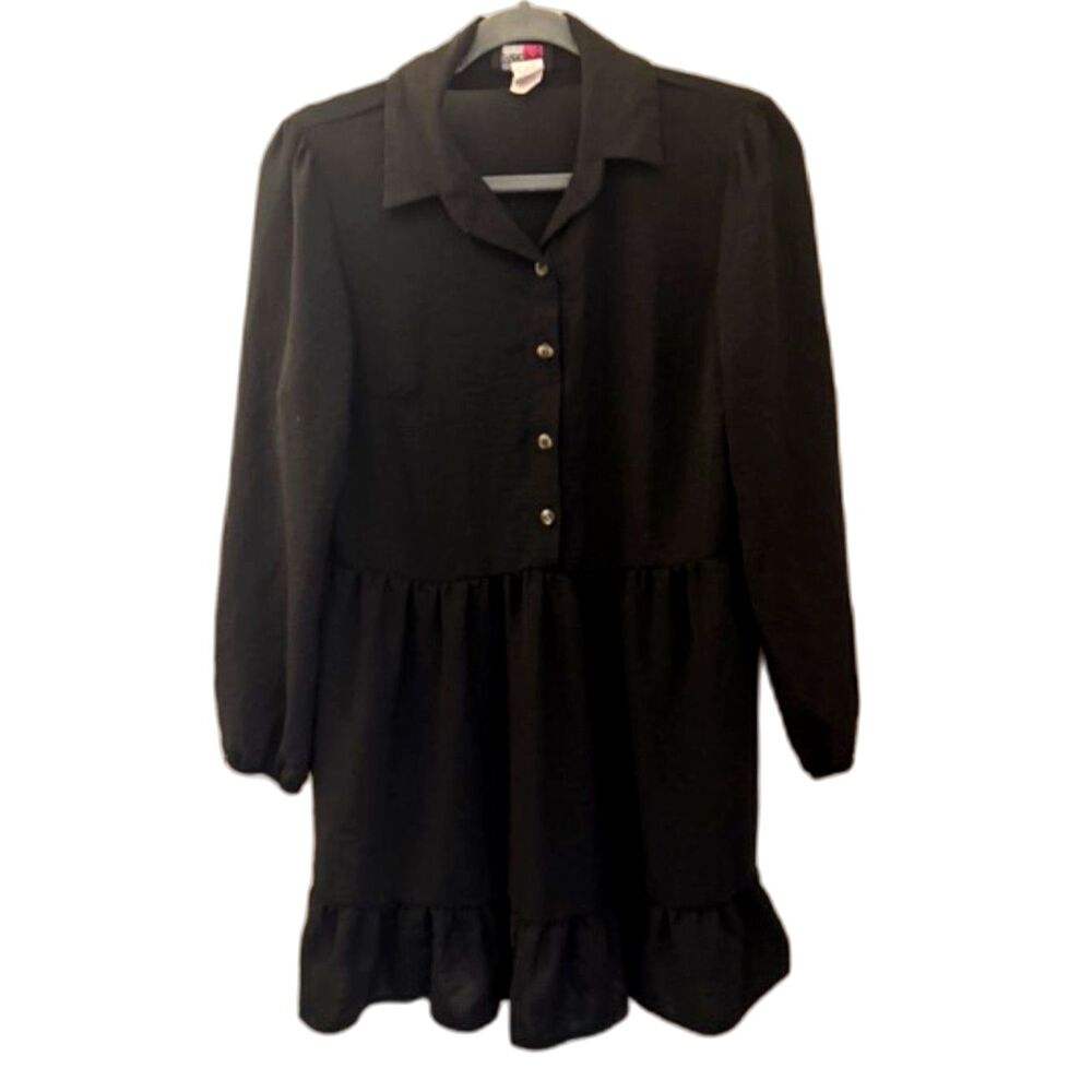 Marca Red Sky Black Button Front Dress Size 14 Long Sleeve Casual Ruffle Hem